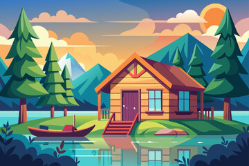 Cartoon Style Lakeside Cabin With Canoe And Trees  