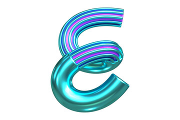3D Chrome letter E. Shiny metallic alphabet with neon gradient lines. High quality 3D rendering.