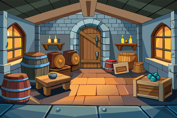Cartoon Style Medieval Storage Room With Barrels And Crates  