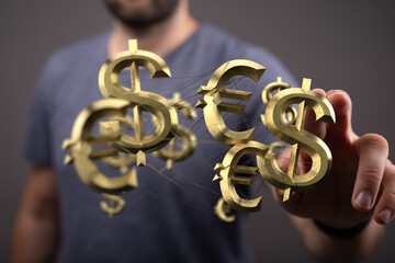 Image of interconnected dollar and euro currency symbols, representing global finance and exchange...