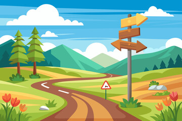 Cartoon Style Road Sign With Arrows At Rural Crossroad  