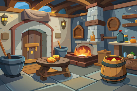 Cartoon Style Medieval Kitchen With Cauldron Bread And Table  