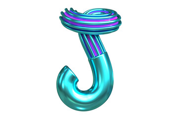 Glossy liquid metal 3D font character J. High quality 3D rendering unique typography element.
