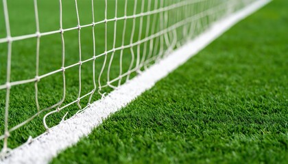 Close-up view of a soccer goal net against vibrant green grass on a sunny day