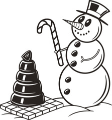A cute snowman in a hat and scarf enjoys the fun of the winter season, a happy Christmas holiday illustration