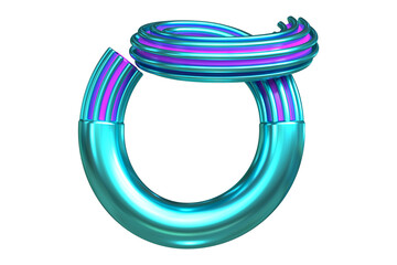 Single-Line 3D font. Letter O rendered with metallic tubes and gradient stripes. High quality 3D rendering.
