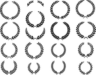 Laurel wreath set of black circular foliate laurels branches. Set of wreaths and branches with leaves. Vintage laurel wreaths collection. Set black silhouette circular laurel foliate