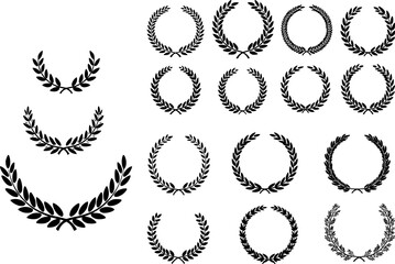Laurel wreath set of black circular foliate laurels branches. Set of wreaths and branches with leaves. Vintage laurel wreaths collection. Set black silhouette circular laurel foliate