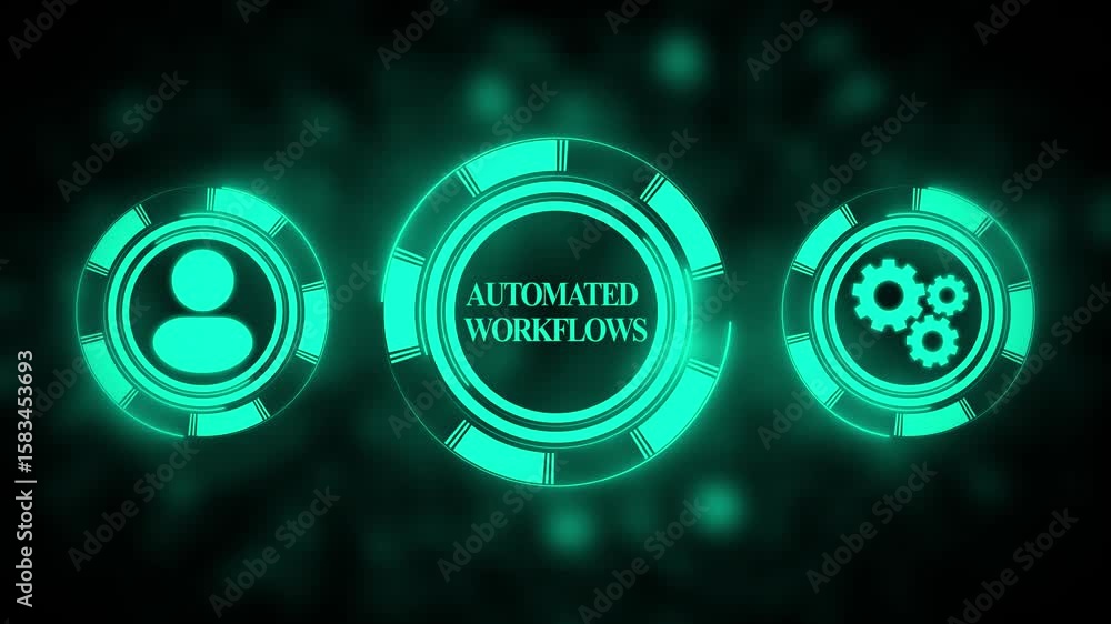 Poster animated automated workflows concept illustration glowing teal circles representing user process