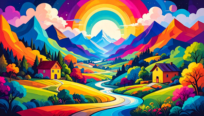 A surreal landscape of shifting colors and shapes with a vibrant rainbow. Represents a whimsical world and magical dream.
