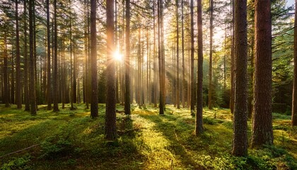 Fototapeta premium sunlight streams through a dense pine forest at dawn