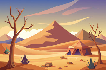 Desert Landscape With Sand Dunes Camel Tent And Sky  