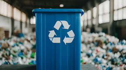 Blue recycling bin: Symbolizing responsible waste management and environmental consciousness in a warehouse setting.