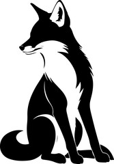 A captivating black and white silhouette of a sitting fox, featuring a proud posture and a contrasting white underbelly, evoking a sense of grace and wild beauty