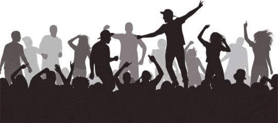 Crowd of people silhouette, happy young group party people together, cheering crowd on concert or sport event, cheerful fans

