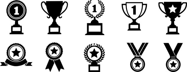 Set of winning award and prize icons, trophy reward, victory trophy signs depicting an award, victory cup achievement, winner medal - stock vector
