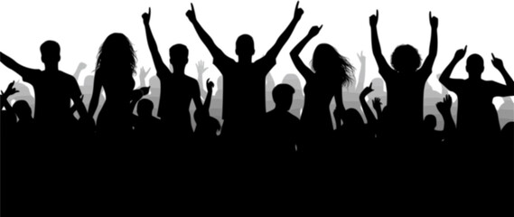 Crowd of people silhouette, happy young group party people together, cheering crowd on concert or sport event, cheerful fans
