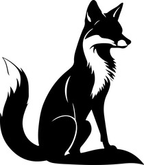 A sleek and elegant black silhouette of a sitting fox with a prominent bushy tail and a contrasting white chest, embodying wilderness and cunning, perfect for animal-themed designs and logos.