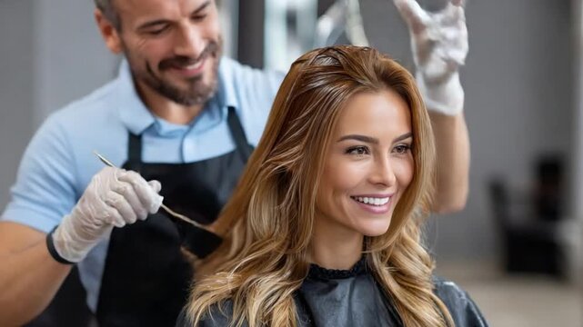 Hair Dye Transformation: A professional hairdresser skillfully applies dye to a client's flowing hair, reflecting the excitement of a fresh new style and transformation.  - Powered by Adobe