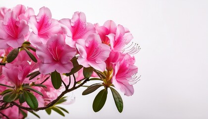Obraz premium beautiful pink azalea flowers bloom on a branch against a bright white background during springtime