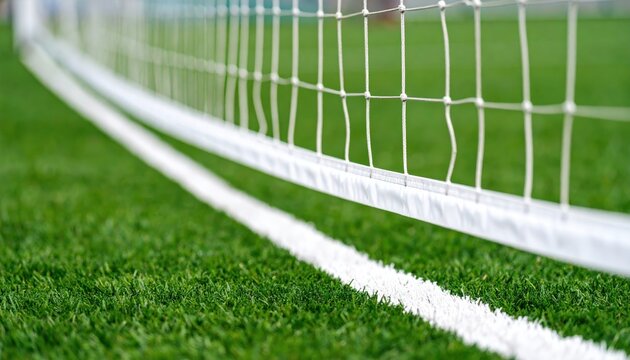 Close-up view of a soccer goal net on a vibrant green field with white markings in the background - Powered by Adobe