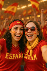 Fototapeta premium Excited Spain Fans in Red with Flag Face Paint