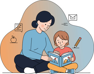 Cartoon illustration of a smiling father and son sitting and reading a book together, highlighting education and childhood learning