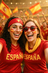 Fototapeta premium Excited Spain Fans in Red with Flag Face Paint
