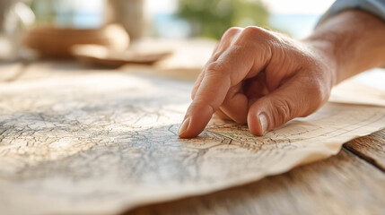 Close-up of a hand tracing a line across a vintage map. Recreation concept.