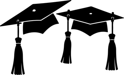 Two classic graduation cap silhouettes with prominent tassels, symbolizing academic achievement and success, perfect for celebratory designs, educational themes, and commencement invitations.