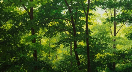 Fototapeta premium Lush Green Forest with Tall Trees and Dense Foliage in Natural Light