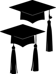 Two classic graduation cap silhouettes with prominent tassels, symbolizing academic achievement and success, perfect for celebratory designs, educational themes, and commencement invitations.