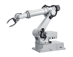 A modern industrial robotic arm with multiple joints, isolated on a white background.