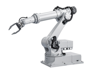 A modern industrial robotic arm with multiple joints, isolated on a white background.