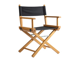 A folded wooden director's chair with black canvas, isolated on a pristine white background.