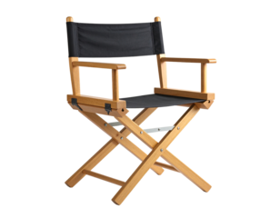 A folded wooden director's chair with black canvas, isolated on a pristine white background.