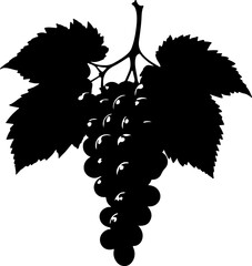 A classic silhouette of a grape cluster with two broad leaves and a stem, representing viticulture and natural bounty, ideal for winery logos, food-related designs, or agricultural themes.