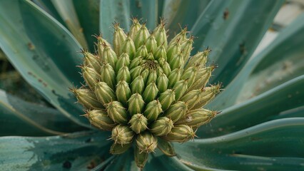 Fototapeta premium Agave flower highlighted by lush green buds