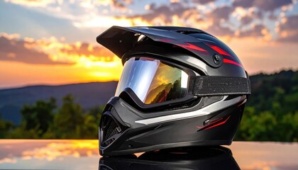 A sleek black motorcycle helmet with reflective visor against a vibrant sunset backdrop
