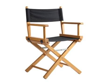 A folded wooden director's chair with black canvas, isolated on a pristine white background.