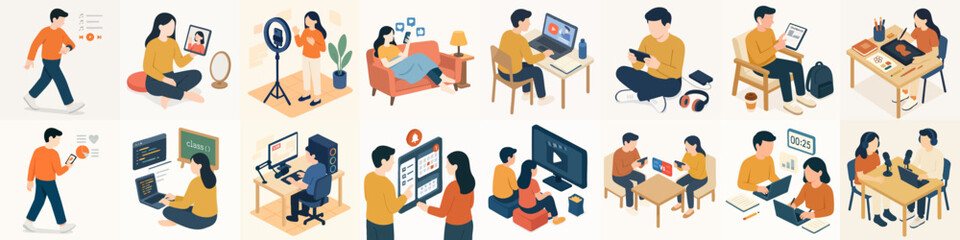 Flat Isometric People Working Remotely with Gadget Lifestyle and Online Activity