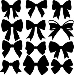 A diverse assortment of black bow silhouettes in various shapes and styles, offering a versatile collection for elegant decorations, gift wrapping, fashion accents, and festive design elements.