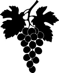 A classic silhouette of a grape cluster with two broad leaves and a stem, representing viticulture and natural bounty, ideal for winery logos, food-related designs, or agricultural themes.