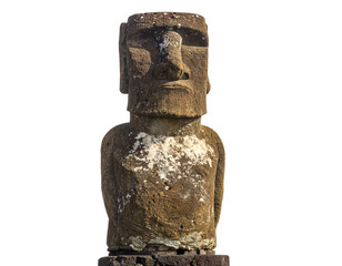 A detailed replica of a Moai statue from Easter Island, isolated on a white background.