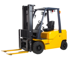 A yellow manual pallet jack, used for lifting and moving pallets, isolated on a white background.