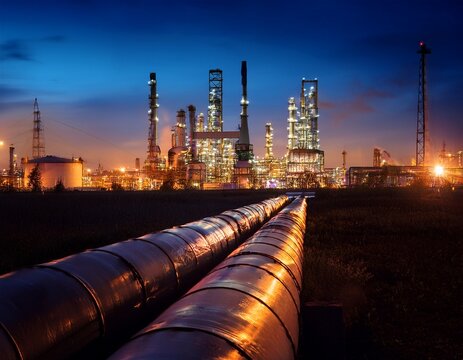 silhouette of oil refinery pck schwedt at night with russian oil pipe druschba in the foreground
