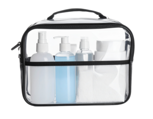 A clear toiletry bag filled with travel-sized bottles, isolated on a white background.