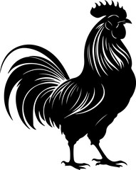 A majestic rooster silhouette with detailed feathers, comb, and wattle, capturing the proud stance of this farm animal, perfect for rustic, agricultural, or symbolic designs.