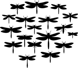 A collection of various dragonfly silhouettes, depicted in different sizes and orientations, creating a dynamic and nature-inspired arrangement perfect for decorative patterns, natural themes