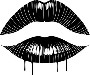 A striking black and white illustration of sensuous lips, with the lower lip dripping as if melting, creating a bold, edgy, and artistic visual perfect for fashion, beauty, or abstract designs.